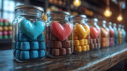 Colorful gumdrop jars in a shop with assorted sweets