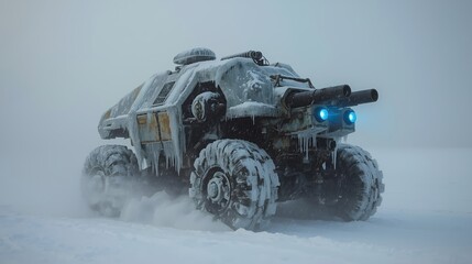 A dramatic, high-quality, professional photo of a powerful, futuristic all-terrain vehicle