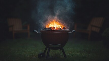 Backyard barbecue at night with glowing coals and chairs