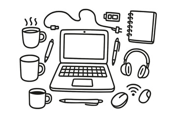 Fototapeta premium Tech Essentials Doodles. Hand-drawn doodle illustration Laptop laptop, keyboard, touchpad, power cable, USB port, screen, webcam,