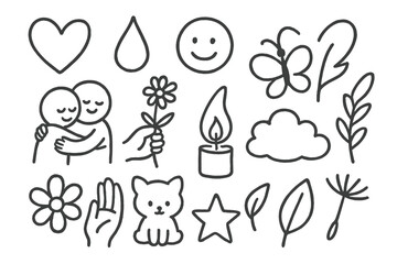 Fototapeta premium Soft Emotions Doodles. Hand-drawn doodle illustration soft emotions heart, tear drop, smiling face, hand holding flower, gentle