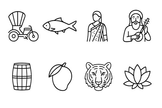 Bangladeshi Culture Icon Set. Outline icon set of Bangladeshi culture: Rickshaw, Hilsa fish, Jamdani saree, Baul singer,