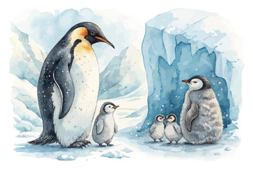Watercolor penguin family in icy  background © Tanvir Rana
