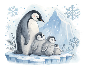 Watercolor penguin family in icy vector illustration isolated on white background