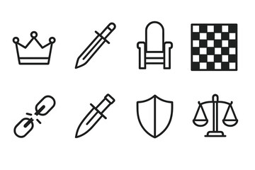 Power Struggle Icons. Outline icon set of power struggles: crown, sword, throne, chessboard, broken chain, dagger, shield, scales