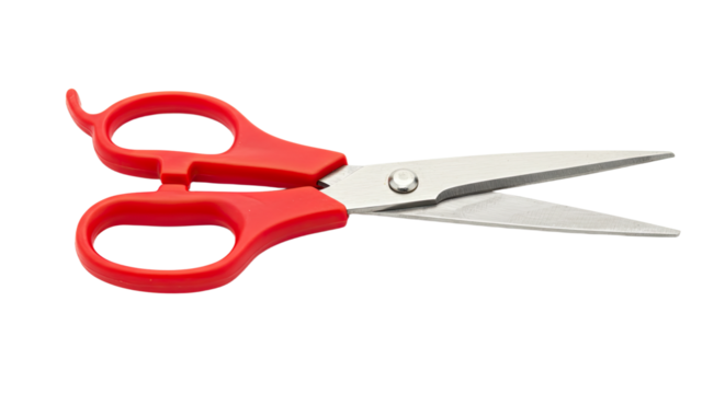 Red handled scissors isolated on white background.