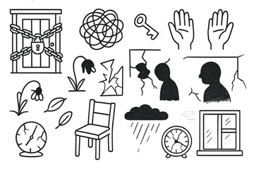 Trapped Feelings Illustrations. Hand-drawn doodle illustration trapped feelings locked door, heavy chains, tangled ropes, broken