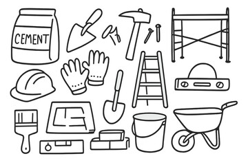 Construction Tools Doodle. Hand-drawn doodle illustration wall repair cement bag, trowel, hammer, nails, gloves, ladder,