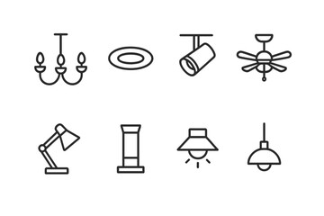 Lighting Fixtures Icons. Outline icon set of lighting fixtures: chandelier, recessed light, track light, ceiling fan light, desk
