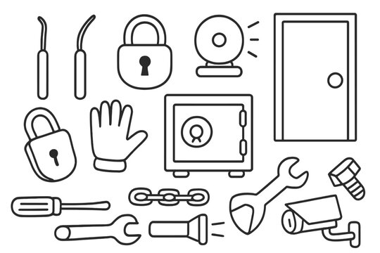 Locksmith Tools Icons. Hand-drawn doodle illustration lock picking lockpick tools, padlock, keyhole, hand, gloves, safe, door,