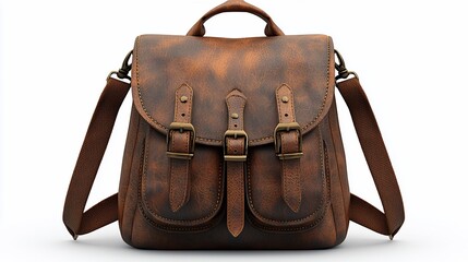 Brown leather backpack, studio shot, front view, white background