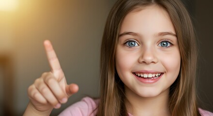 Nice cute adorable smiling charming cheerful girl pointing with her index finger
