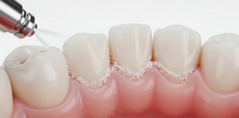  Oral hygiene: Air flow teeth cleaning process. Dental 3D illustration 