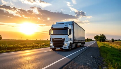 Truck on highway at sunset