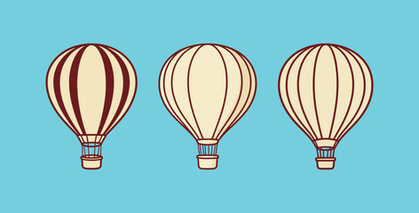 Minimalistic vector illustration of hot air balloons in the sky. Vintage style flying balloons on a blue background. © cheng