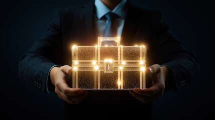 Faceless Professional Offering Glowing Treasure Chest Icon , Cryptocurrency, and Digital Memories, Symbolizing Blockchain Wealth, Luxury, and Modern Technology with Copy Space