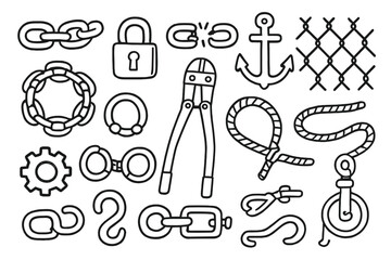 Chain Elements Doodle. Hand-drawn doodle illustration heavy chain metal links, padlock, shackle, broken link, anchor, fence, chain
