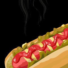 Hot dog with mustard and ketchup in a bun, steam rising,  hand-drawn vector of a classic American street food.