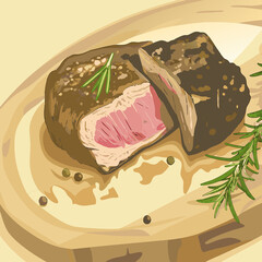 Grilled steak served on wooden plate with rosemary and seasoning, premium meat meal.