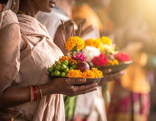 Elderly Women Holding Ritual Offering Bowls