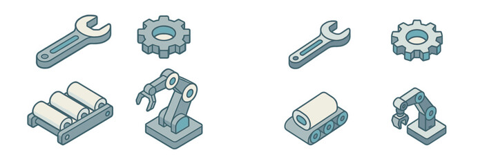 Isometric industrial icons: tools, machinery, and automation elements