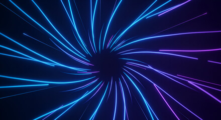Abstract neon light trails create a vortex effect with dark background