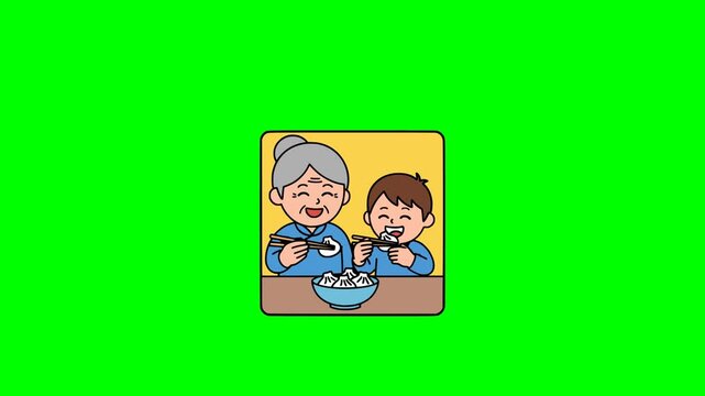 Cartoon flat design showing elderly woman and young boy enjoying traditional dumplings together with bowl on table