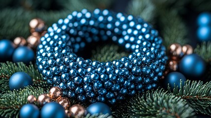 Festive blue beaded wreath on dark background with Christmas ornaments