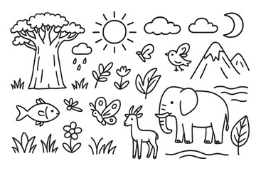 Zambian Wildlife Doodle. Hand-drawn doodle illustration Zambian nature baobab tree, river, mountain, sun, clouds, grass, flower,