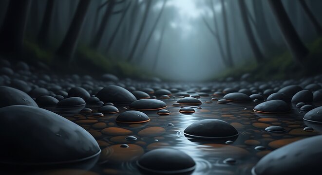 Dark Forest Stream Pebbles. - Powered by Adobe