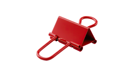 Red metal binder clip on white background.