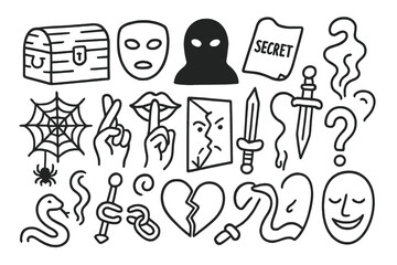 Hidden Secrets and Corruption. Hand-drawn doodle illustration hidden truths locked box, mask, shadow figure, secret note,