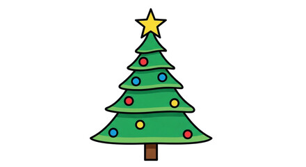 A simple cartoon drawing of a decorated Christmas tree with a star on top.