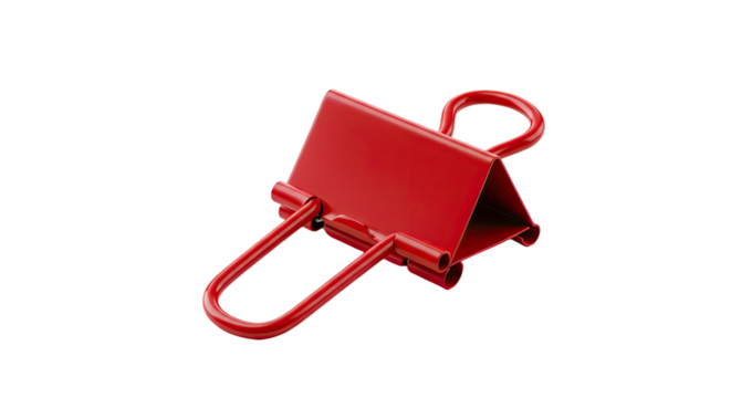 Red metal binder clip on white background.