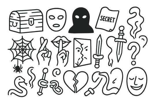 Hidden Secrets and Corruption. Hand-drawn doodle illustration hidden truths locked box, mask, shadow figure, secret note,