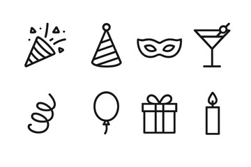 Party Icon Set. Outline icon set of party accessories: party popper, hat, mask, cocktail glass, streamer, balloon, gift, candle.