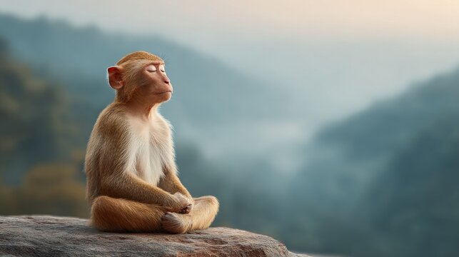 Peaceful monkey in yoga pose surrounded by misty mountain serenity