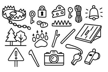 Fototapeta premium Bear Trap Elements. Hand-drawn doodle illustration bear trap bear trap, chain, lock, key, bait, spikes, rope, alarm, forest, paw