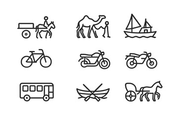 Sudanese Transport Icons. Outline icon set of Sudanese transportation: Donkey cart, Camel caravan, Fishing boat, Bicycle,