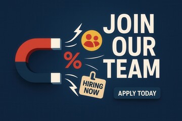 Recruitment banner with JOIN OUR TEAM and HIRING NOW offer, modern flat style, engaging job promotion campaign.