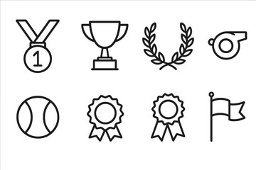 Icon Sets Collection. Outline icon set of sports victory congratulations: gold medal, trophy cup, laurel wreath, whistle, sports
