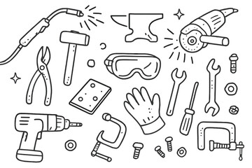 Metalworking Tools Doodle. Hand-drawn doodle illustration metalworking welding torch, hammer, anvil, grinder, pliers, metal sheet,