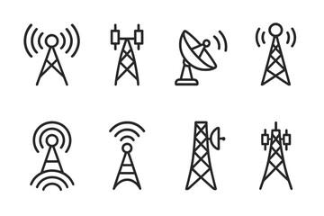 Fototapeta na wymiar Communication Towers Icons. Outline icon set of communication towers: radio antenna, cell tower, satellite dish, broadcasting