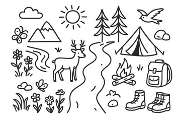 Naklejka premium Nature Retreat Icons. Hand-drawn doodle illustration nature retreat forest path, deer, wildflowers, river, pine trees, tent,
