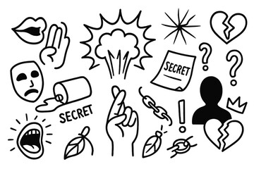 Secrets and Charms Doodles. Hand-drawn doodle illustration explosive secrets explosion icon, whispering lips, broken mask, spilled