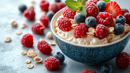 Fresh Berries and Granola on Yogurt in Bowl on Gray Surface