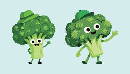 Two cute broccoli characters with happy faces and green hats. Funny smiling vegetable mascots. Healthy food concept.