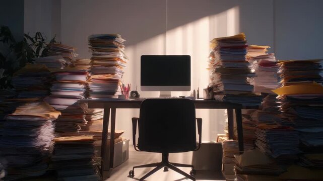 Office Desk Overwhelmed With Stacks of Documents Against a White Wall Illuminated By Sunlight Streamlining Through a Window Creating Dramatic Light And Shadow