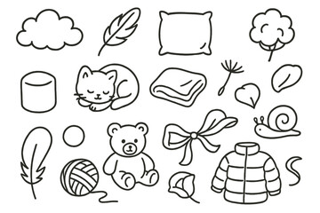 Obraz premium Softness Doodle Icons. Hand-drawn doodle illustration softness cloud, feather, pillow, cotton ball, kitten, baby blanket,