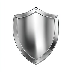 A polished, metallic silver shield,  isolated on white